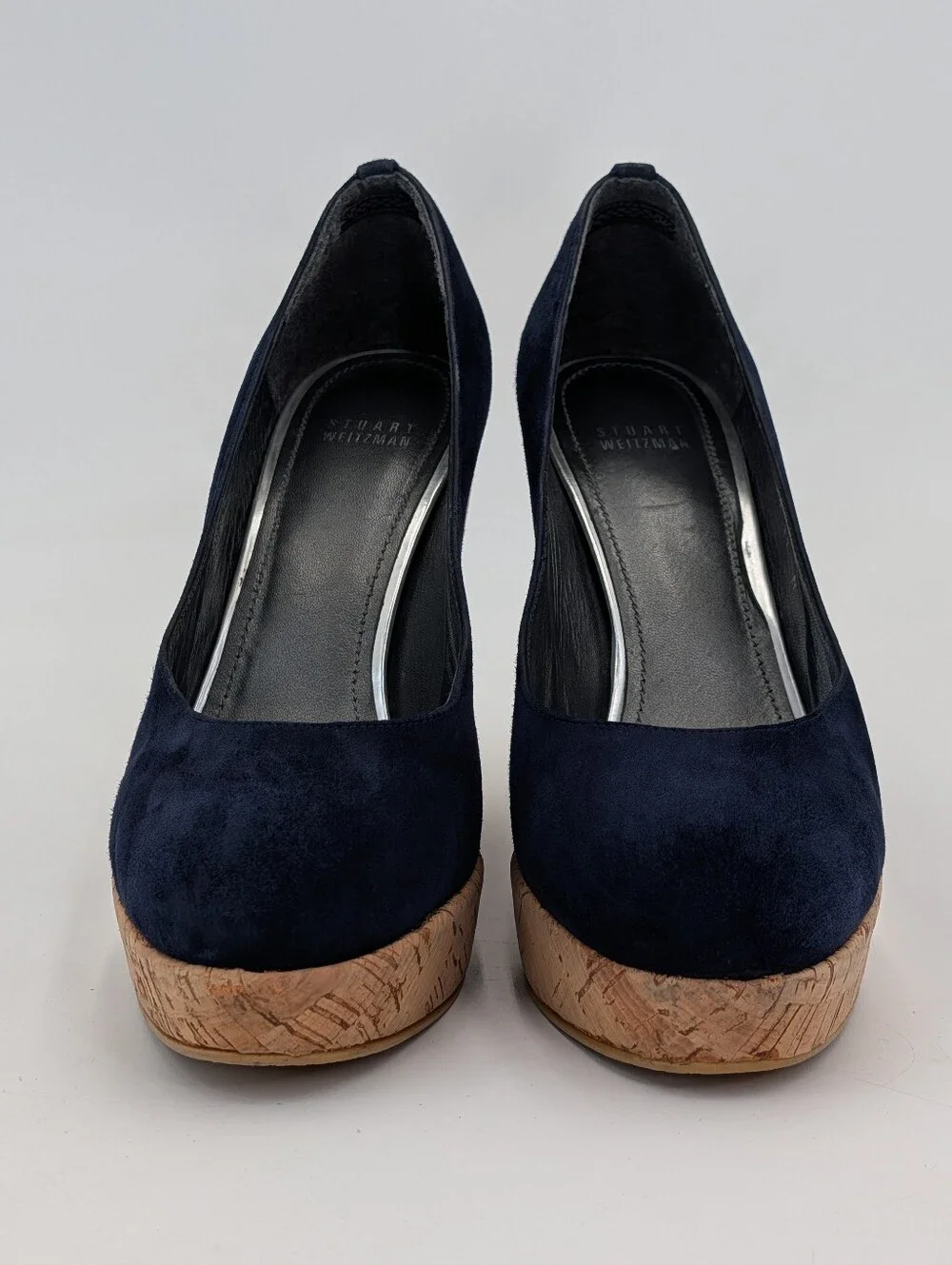 Stuart Weitzman Size 11 N Corkswoon Navy Blue Genuine Suede Cork Wedge Pump Heel